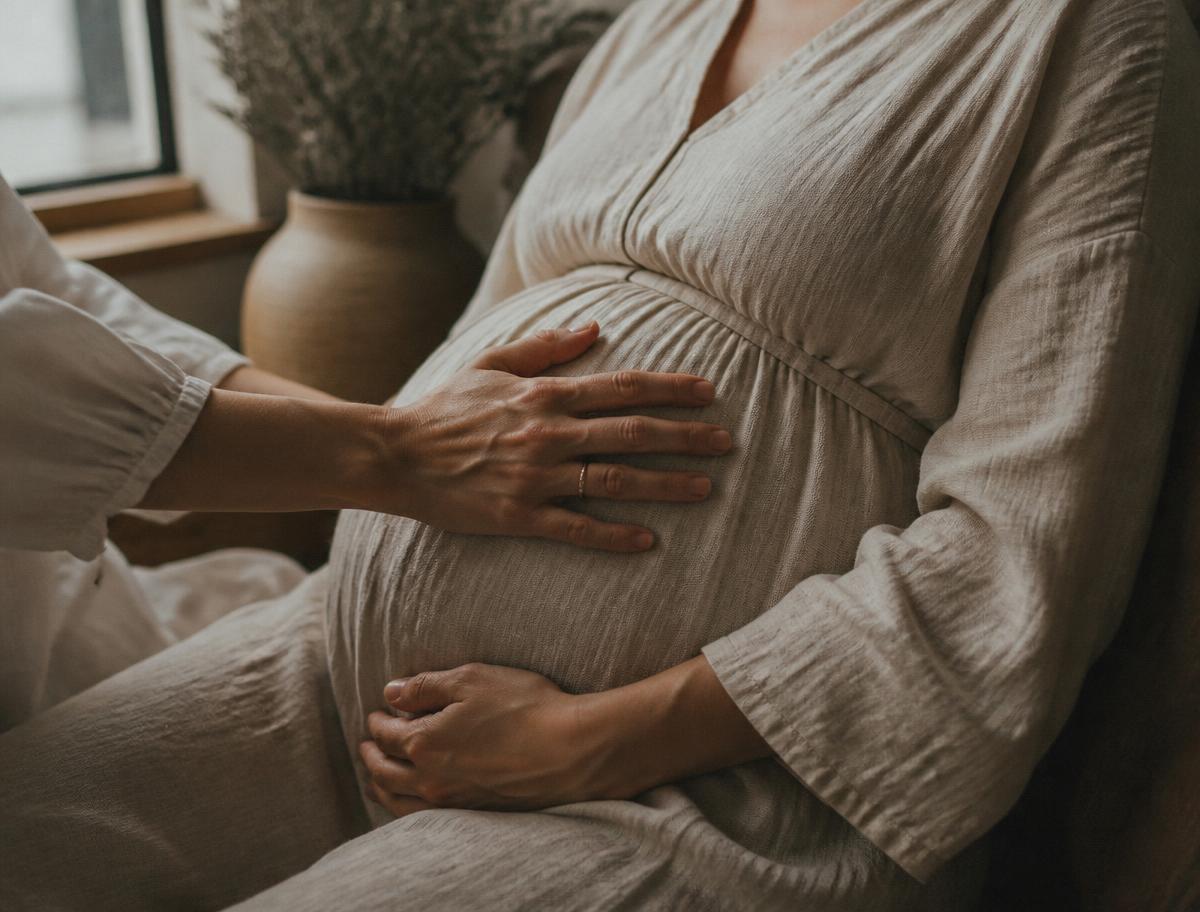 Une main posée avec douceur sur le ventre d'une femme enceinte