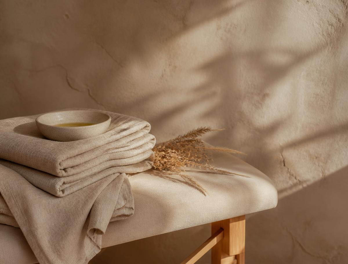 Linges de lin pliés et bol d'huile près d'une table de massage